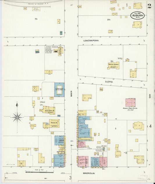Sanborn Fire Insurance Map from Auburn, Lee County, Alabama (1909), Sheet #0002 - Historic Sanborn Fire Insurance Map Print, vintage old map wall art, antique decor, genealogy gift, Alabama Alabama map