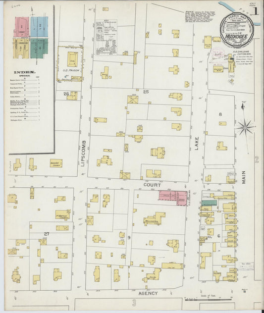Sanborn Fire Insurance Map from Muskogee, Muskogee County, Oklahoma (1894), Sheet #0001 - Complete Map Set gallery image, historic Sanborn map, vintage wall art, Oklahoma Oklahoma