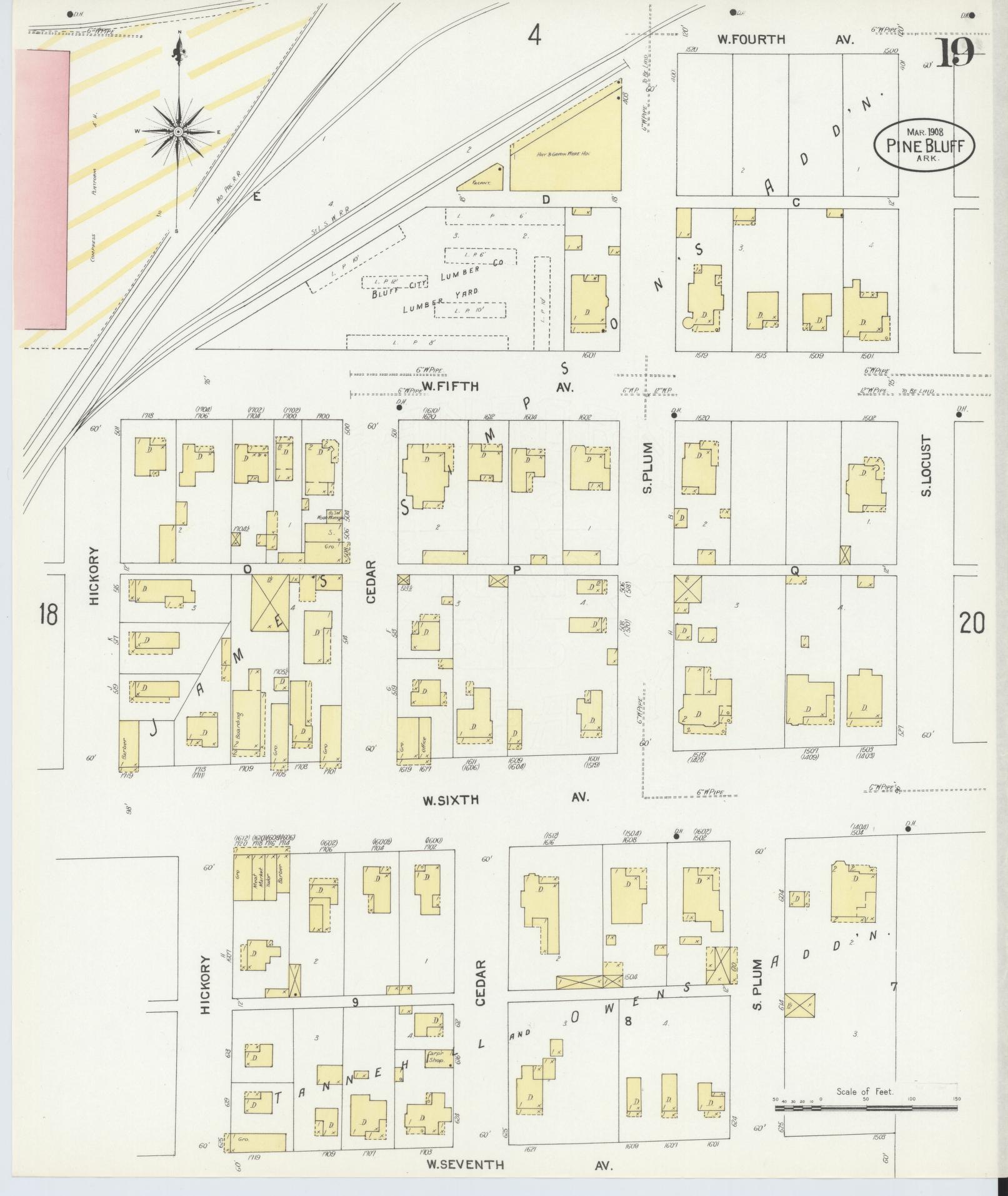 Sanborn Fire Insurance Map from Pine Bluff, Jefferson County, Arkansas (1908), Sheet #0019 - Complete Map Set gallery image, historic Sanborn map, vintage wall art, Arkansas Arkansas