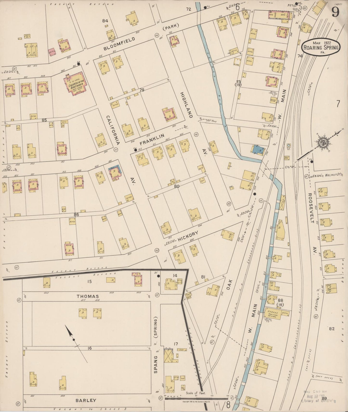 Sanborn Fire Insurance Map from Roaring Spring, Blair County, Pennsylvania (1922), Sheet #0009 - Complete Map Set gallery image, historic Sanborn map, vintage wall art, Pennsylvania Pennsylvania