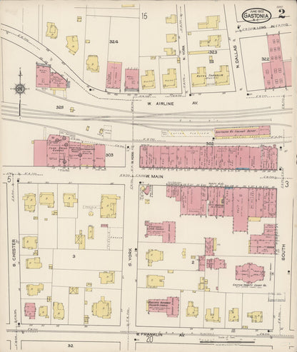 Sanborn Fire Insurance Map from Gastonia, Gaston County, North Carolina (1922), Sheet #0002 - Complete Map Set gallery image, historic Sanborn map, vintage wall art, North Carolina North Carolina