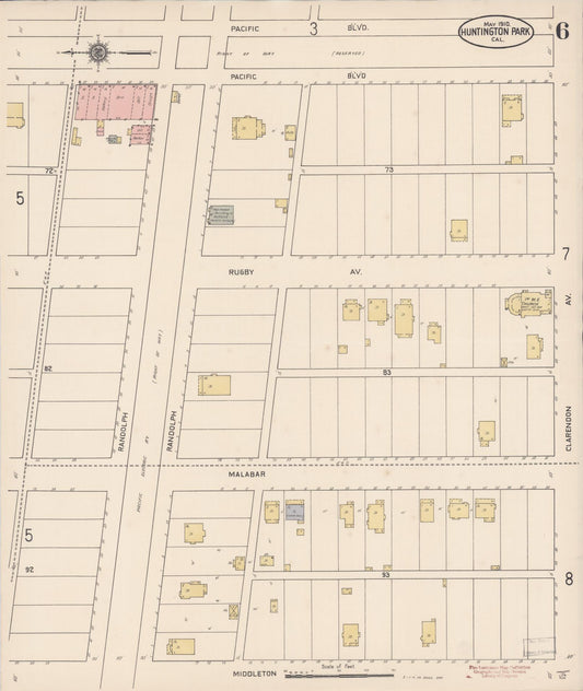 Sanborn Fire Insurance Map from Huntington Park, Los Angeles County, California (1910), Sheet #0006 - Historic Sanborn Fire Insurance Map Print, vintage old map wall art, antique decor, genealogy gift, California California map