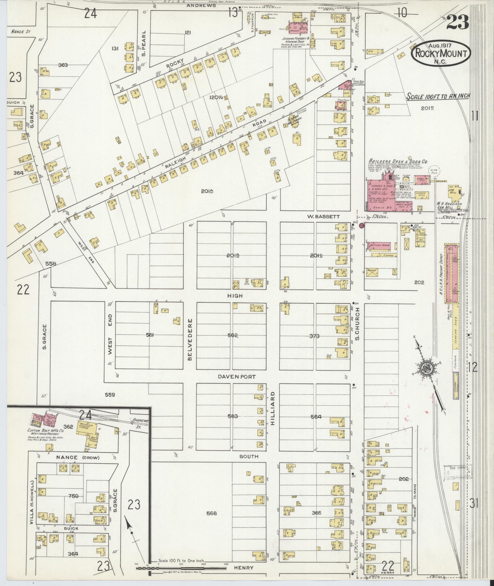 Sanborn Fire Insurance Map from Rocky Mount, Edgecombe And Nash Counties, North Carolina (1917), Sheet #0023 - Complete Map Set gallery image, historic Sanborn map, vintage wall art, North Carolina North Carolina