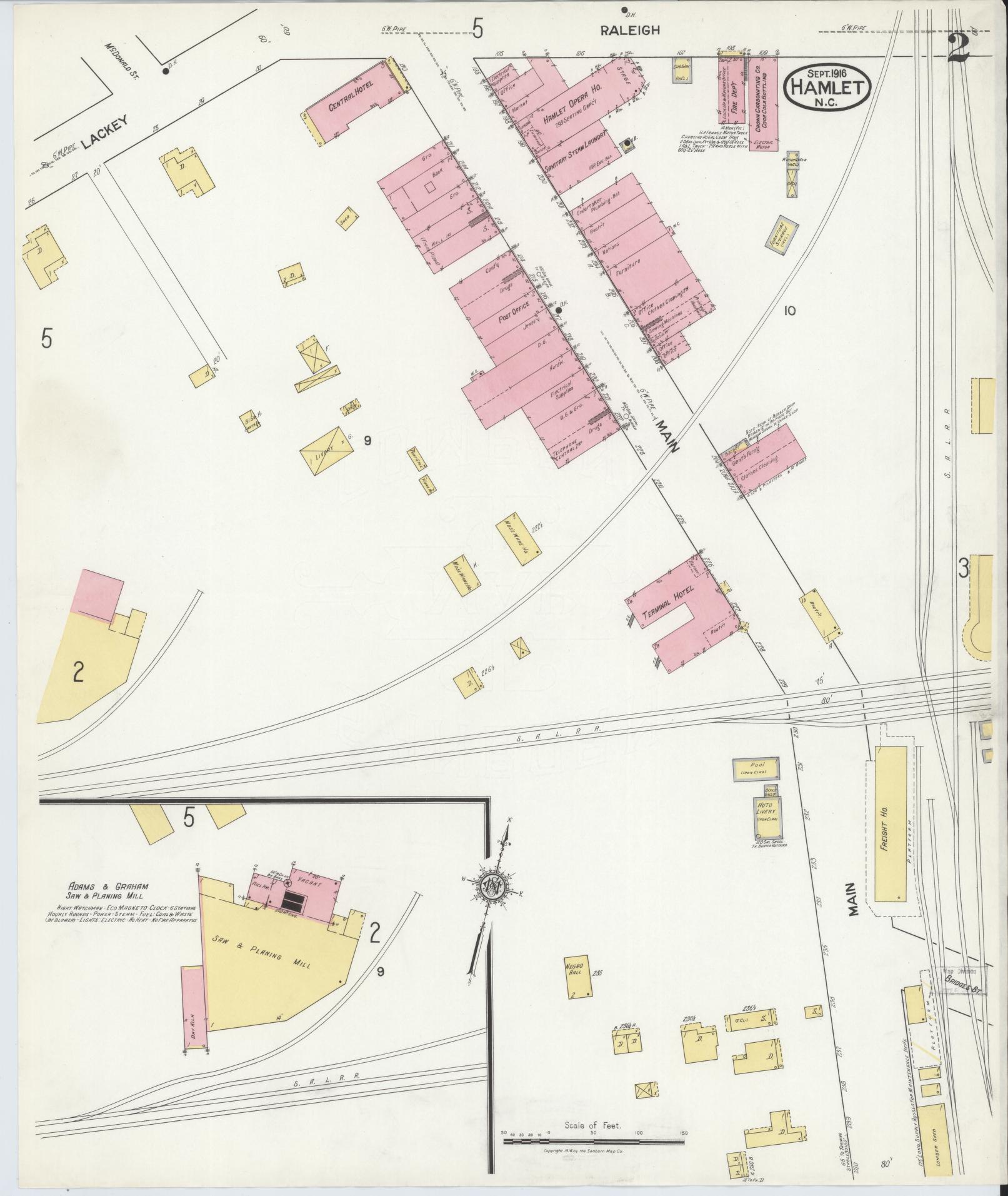 Sanborn Fire Insurance Map from Hamlet, Richmond County, North Carolina (1916), Sheet #0002 - Historic Sanborn Fire Insurance Map Print, vintage old map wall art, antique decor, genealogy gift, North Carolina North Carolina map