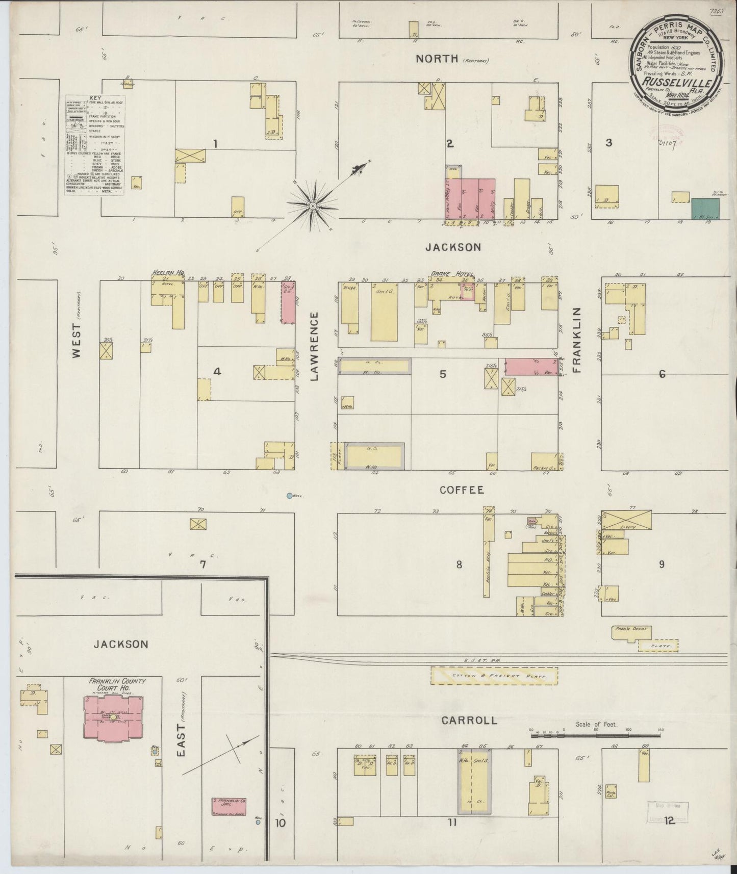 Sanborn Fire Insurance Map from Russellville, Franklin County, Alabama (1894), Sheet #0001 - Historic Sanborn Fire Insurance Map Print, vintage old map wall art, antique decor, genealogy gift, Alabama Alabama map