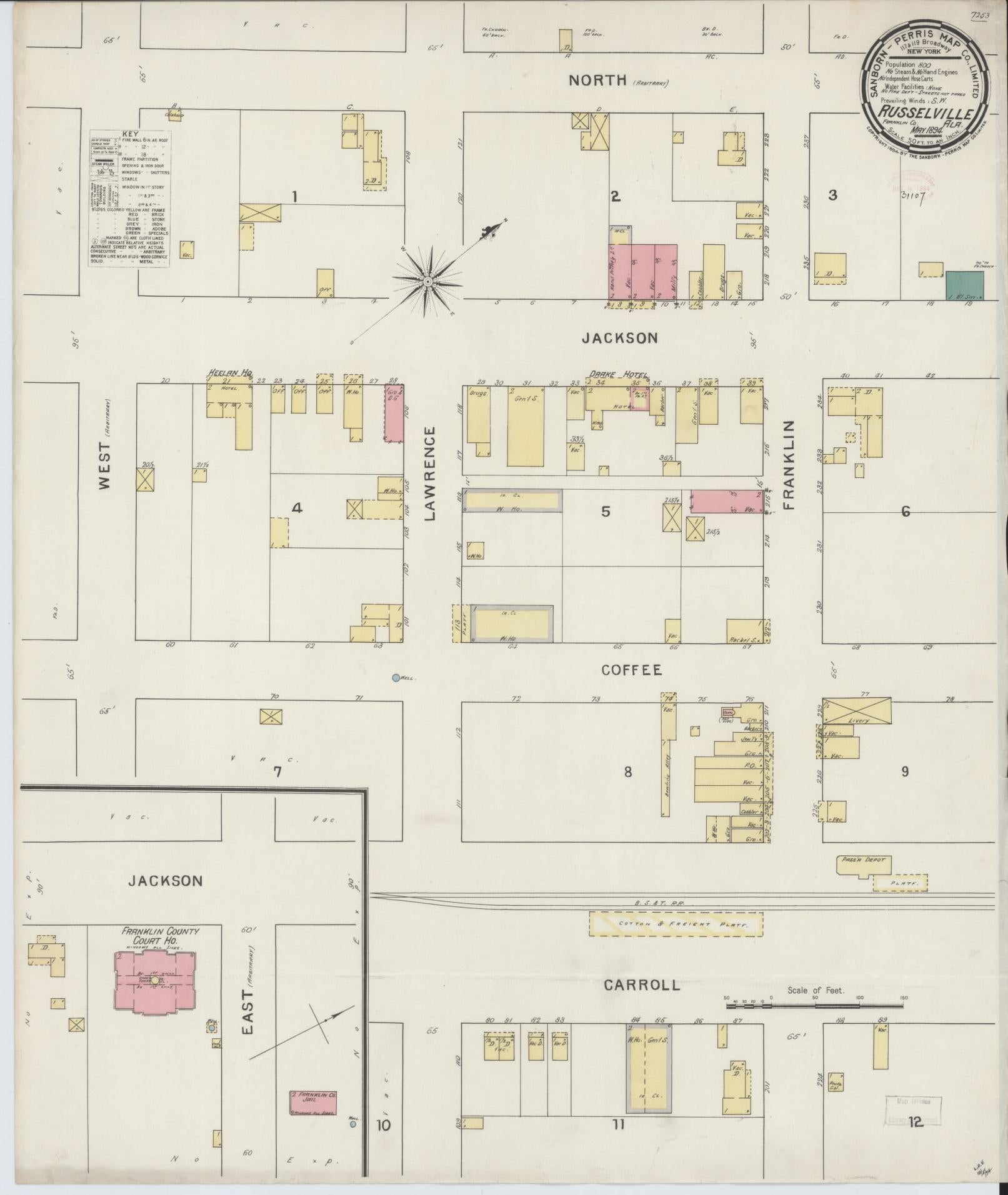 Sanborn Fire Insurance Map from Russellville, Franklin County, Alabama (1894), Sheet #0001 - Historic Sanborn Fire Insurance Map Print, vintage old map wall art, antique decor, genealogy gift, Alabama Alabama map