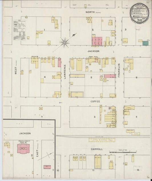 Sanborn Fire Insurance Map from Russellville, Franklin County, Alabama (1894), Sheet #0001 - Historic Sanborn Fire Insurance Map Print, vintage old map wall art, antique decor, genealogy gift, Alabama Alabama map