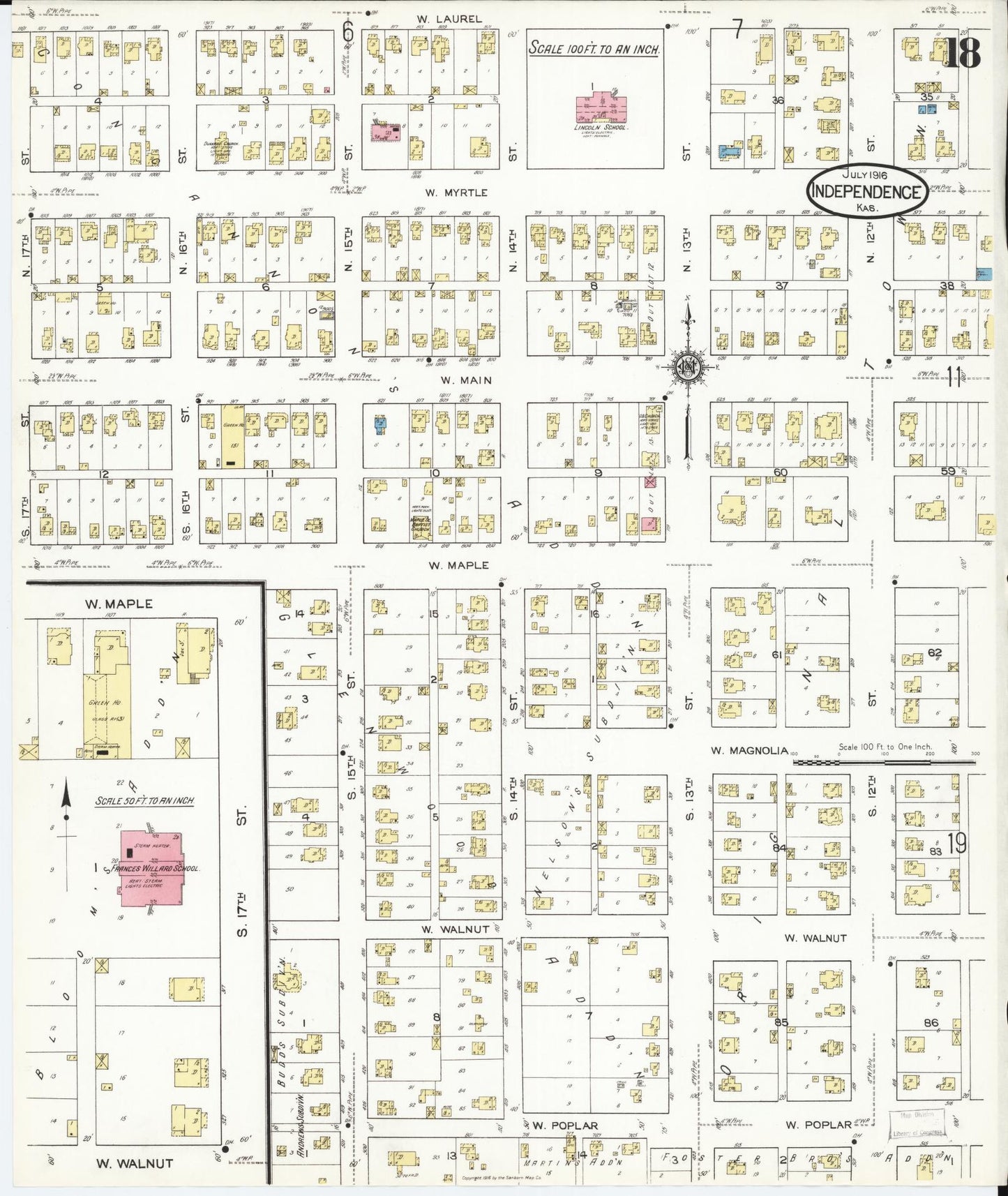 Sanborn Fire Insurance Map from Independence, Montgomery County, Kansas (1916), Sheet #0018 - Historic Sanborn Fire Insurance Map Print, vintage old map wall art, antique decor, genealogy gift, Kansas Kansas map