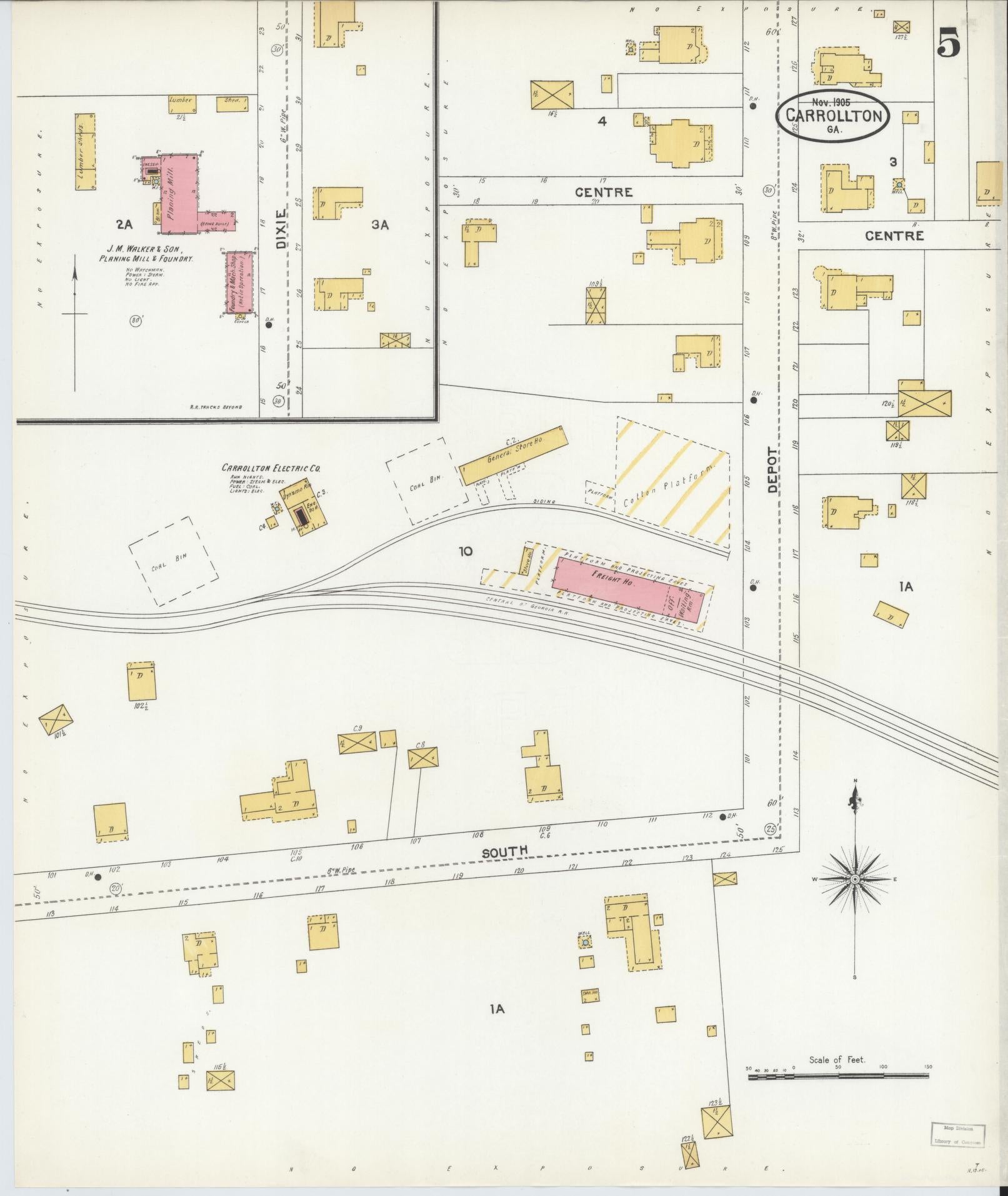 Sanborn Fire Insurance Map from Carrollton, Carroll County, Georgia (1905), Sheet #0005 - Historic Sanborn Fire Insurance Map Print, vintage old map wall art, antique decor, genealogy gift, Georgia Georgia map