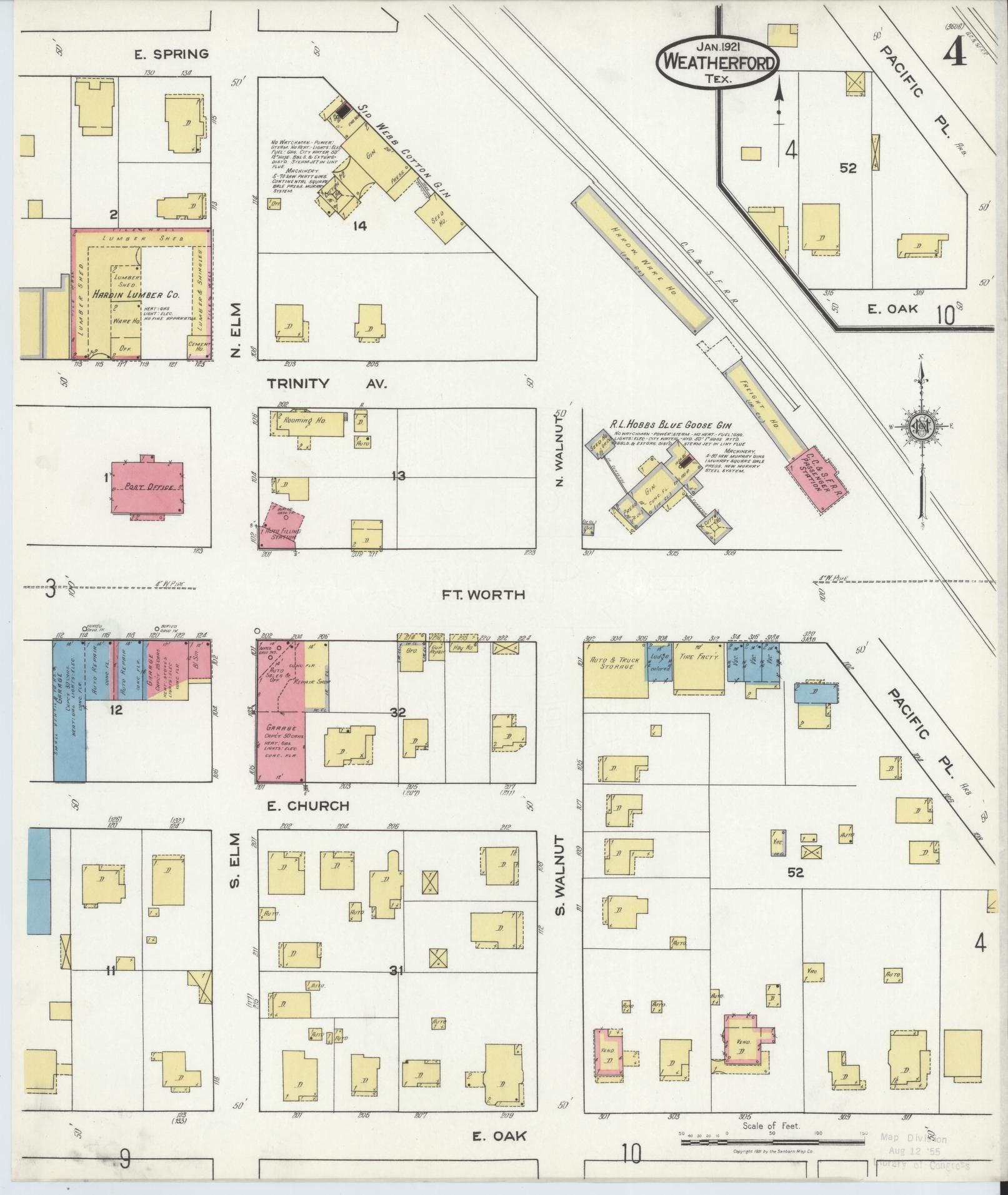 Sanborn Fire Insurance Map from Weatherford, Parker County, Texas (1921), Sheet #0004 - Historic Sanborn Fire Insurance Map Print, vintage old map wall art, antique decor, genealogy gift, Texas Texas map