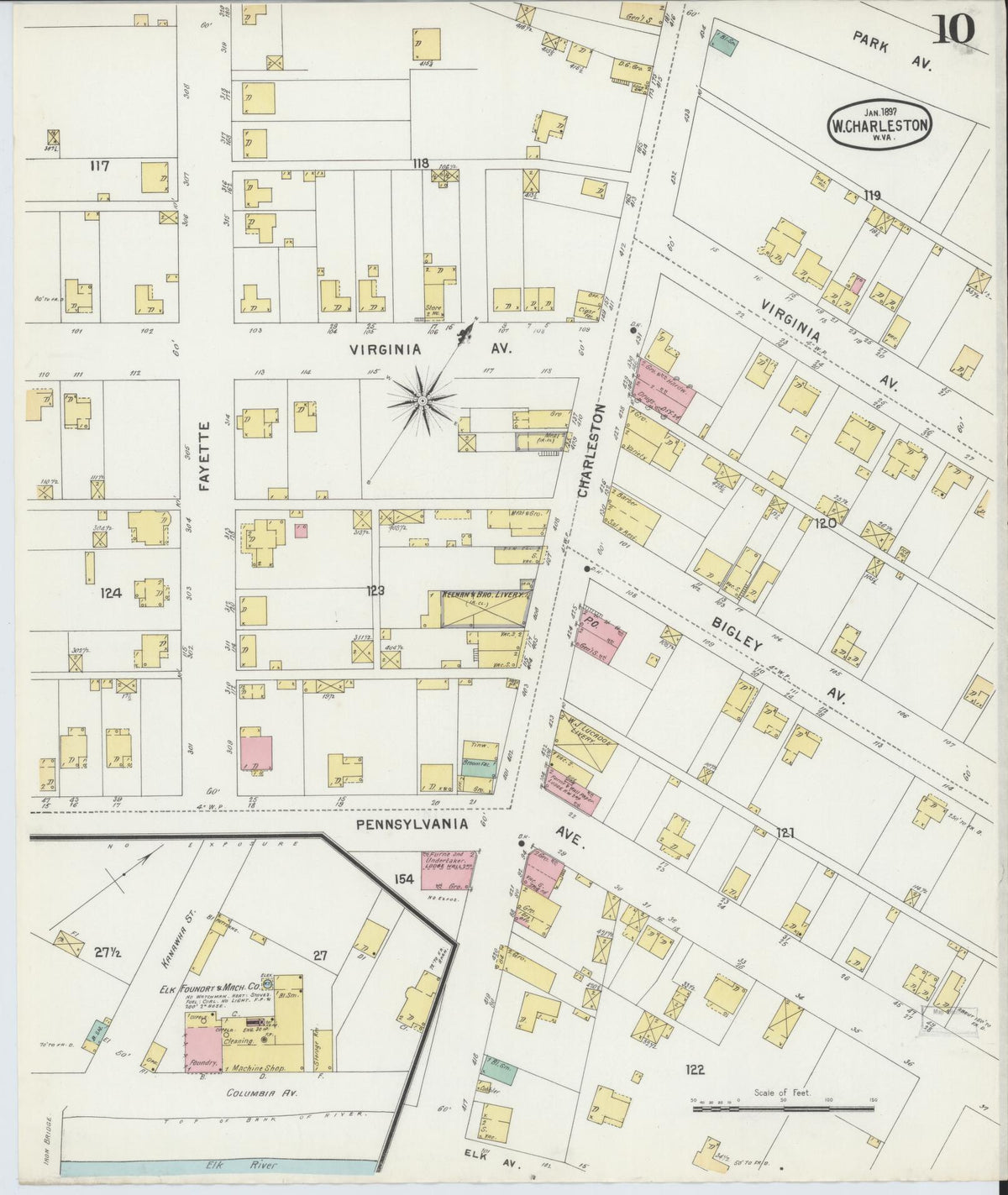 Sanborn Fire Insurance Map from Charleston, Kanawha County, West Virginia (1897), Sheet #0010 - Complete Map Set gallery image, historic Sanborn map, vintage wall art, West Virginia West Virginia