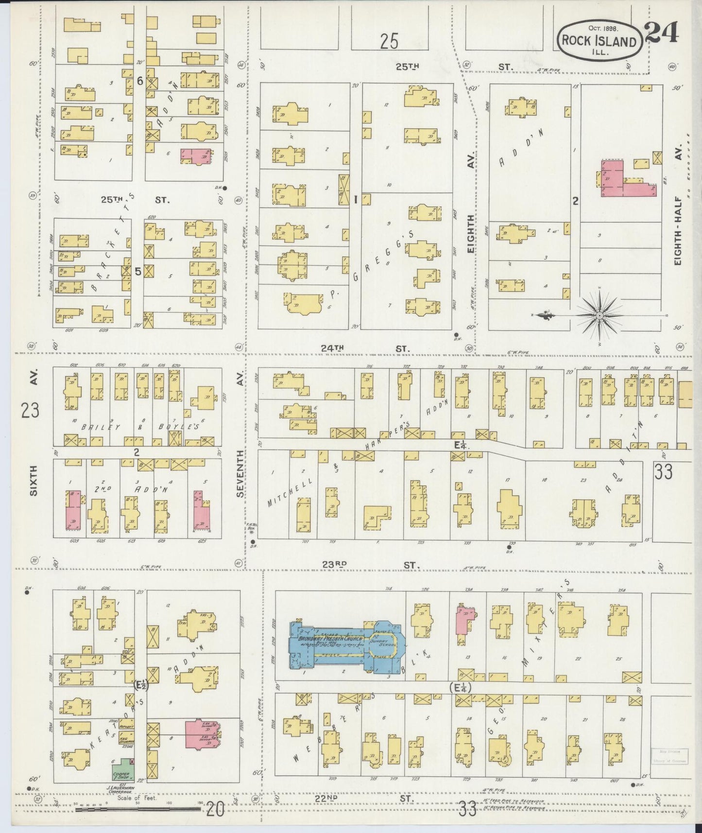 Sanborn Fire Insurance Map from Rock Island, Rock Island County, Illinois (1898), Sheet #0024 - Historic Sanborn Fire Insurance Map Print, vintage old map wall art, antique decor, genealogy gift, Illinois Illinois map