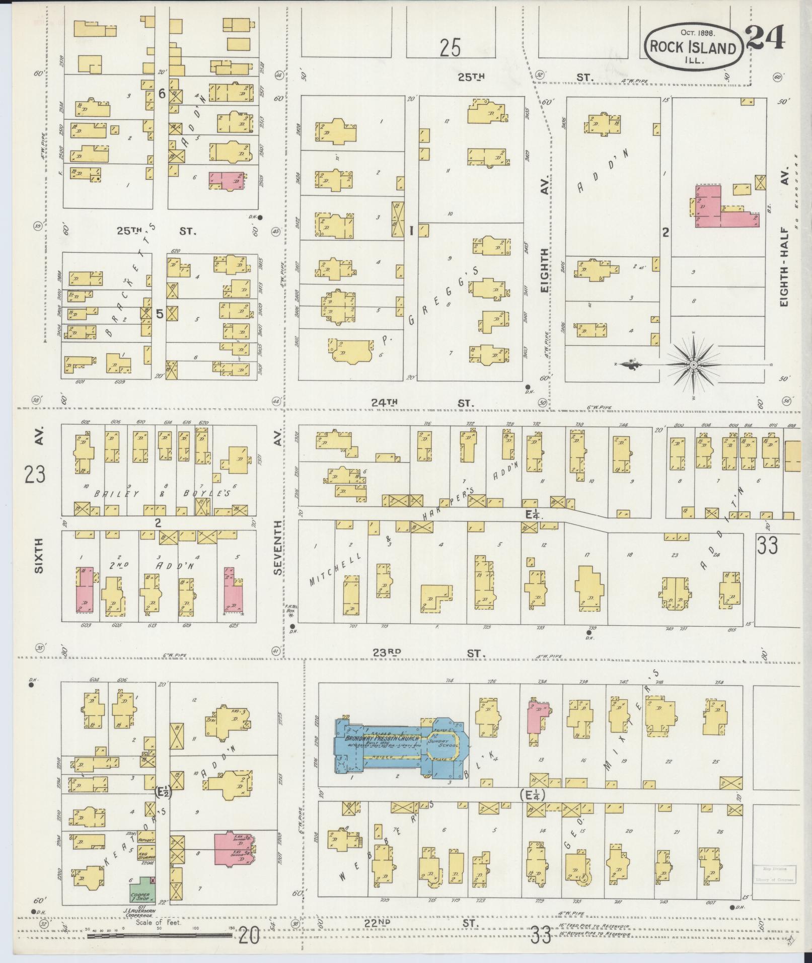 Sanborn Fire Insurance Map from Rock Island, Rock Island County, Illinois (1898), Sheet #0024 - Historic Sanborn Fire Insurance Map Print, vintage old map wall art, antique decor, genealogy gift, Illinois Illinois map