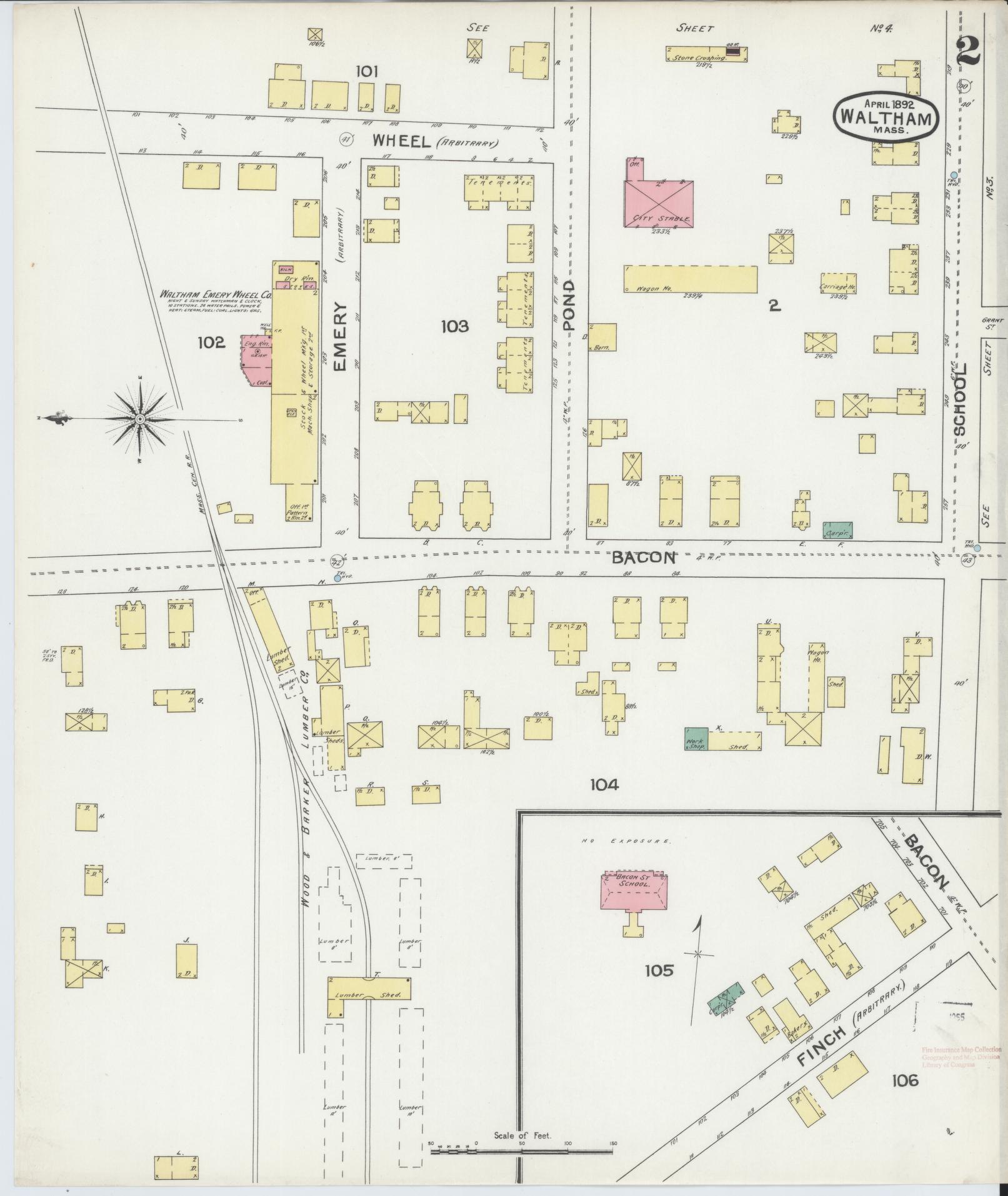 Sanborn Fire Insurance Map from Waltham, Middlesex County, Massachusetts (1892), Sheet #0002 - Complete Map Set gallery image, historic Sanborn map, vintage wall art, Massachusetts Massachusetts