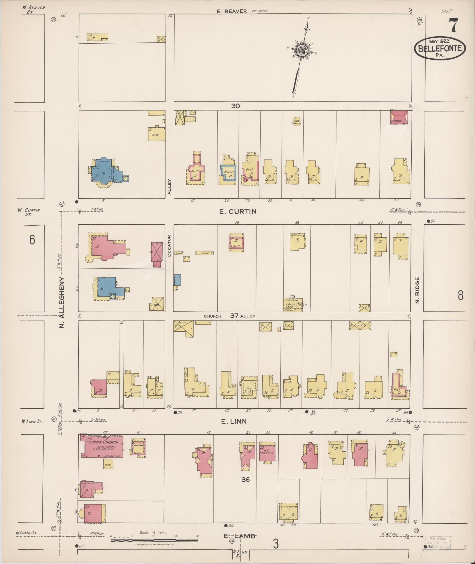 Sanborn Fire Insurance Map from Bellefonte, Centre County, Pennsylvania (1922), Sheet #0007 - Historic Sanborn Fire Insurance Map Print, vintage old map wall art, antique decor, genealogy gift, Pennsylvania Pennsylvania map