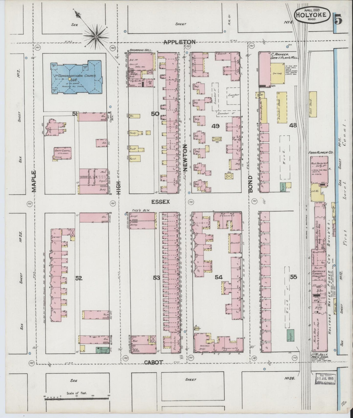 Sanborn Fire Insurance Map from Holyoke, Hampden County, Massachusetts (1889), Sheet #0005 - Complete Map Set gallery image, historic Sanborn map, vintage wall art, Massachusetts Massachusetts