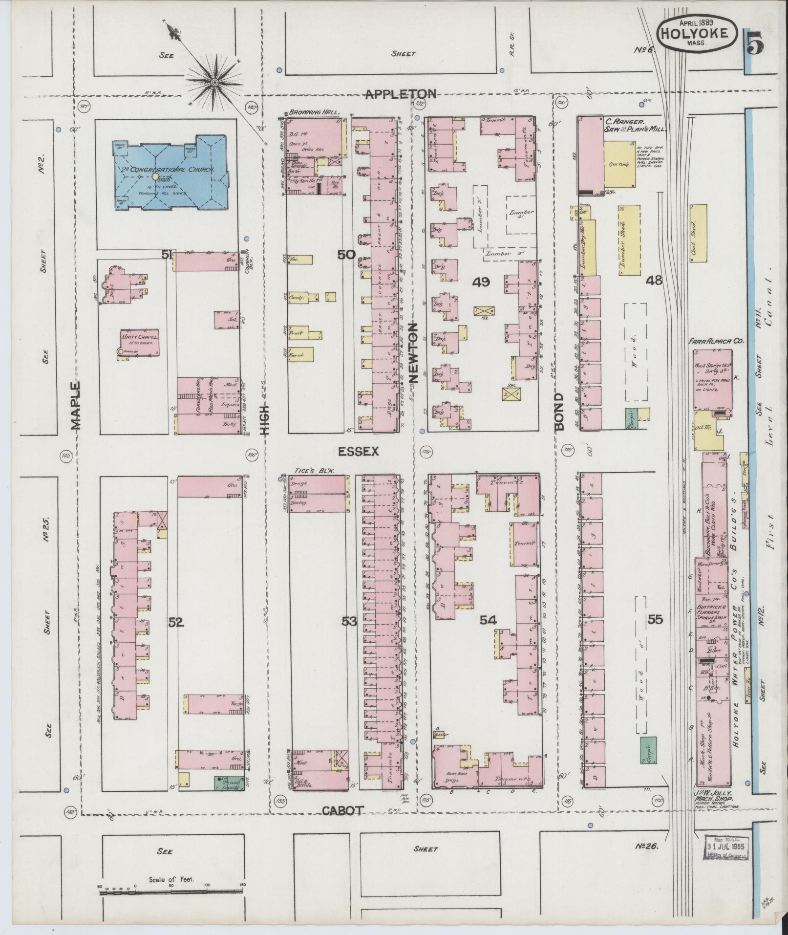 Sanborn Fire Insurance Map from Holyoke, Hampden County, Massachusetts (1889), Sheet #0005 - Complete Map Set gallery image, historic Sanborn map, vintage wall art, Massachusetts Massachusetts