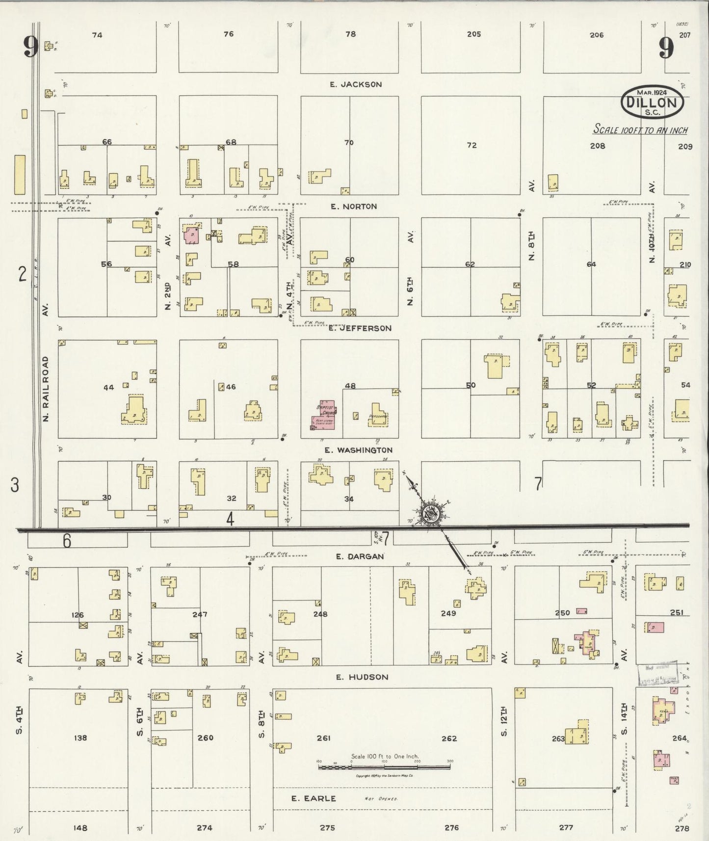 Sanborn Fire Insurance Map from Dillon, Dillon County, South Carolina (1924), Sheet #0009 - Complete Map Set gallery image, historic Sanborn map, vintage wall art, South Carolina South Carolina