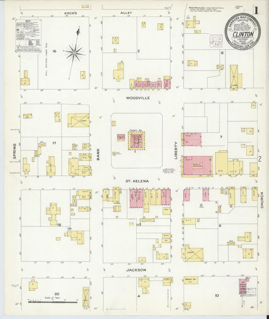Sanborn Fire Insurance Map from Clinton, East Feliciana Parish, Louisiana (1908), Sheet #0001 - Historic Sanborn Fire Insurance Map Print, vintage old map wall art, antique decor, genealogy gift, Louisiana Louisiana map
