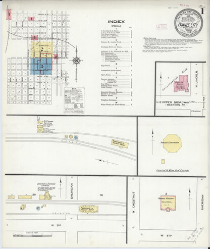 Sanborn Fire Insurance Map from Pawnee City, Pawnee County, Nebraska (1909), Sheet #0001 - Complete Map Set gallery image, historic Sanborn map, vintage wall art, Nebraska Nebraska