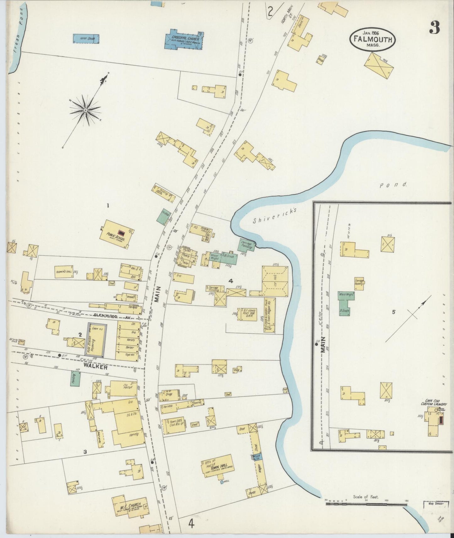 Sanborn Fire Insurance Map from Falmouth, Barnstable County, Massachusetts (1906), Sheet #0003 - Complete Map Set gallery image, historic Sanborn map, vintage wall art, Massachusetts Massachusetts