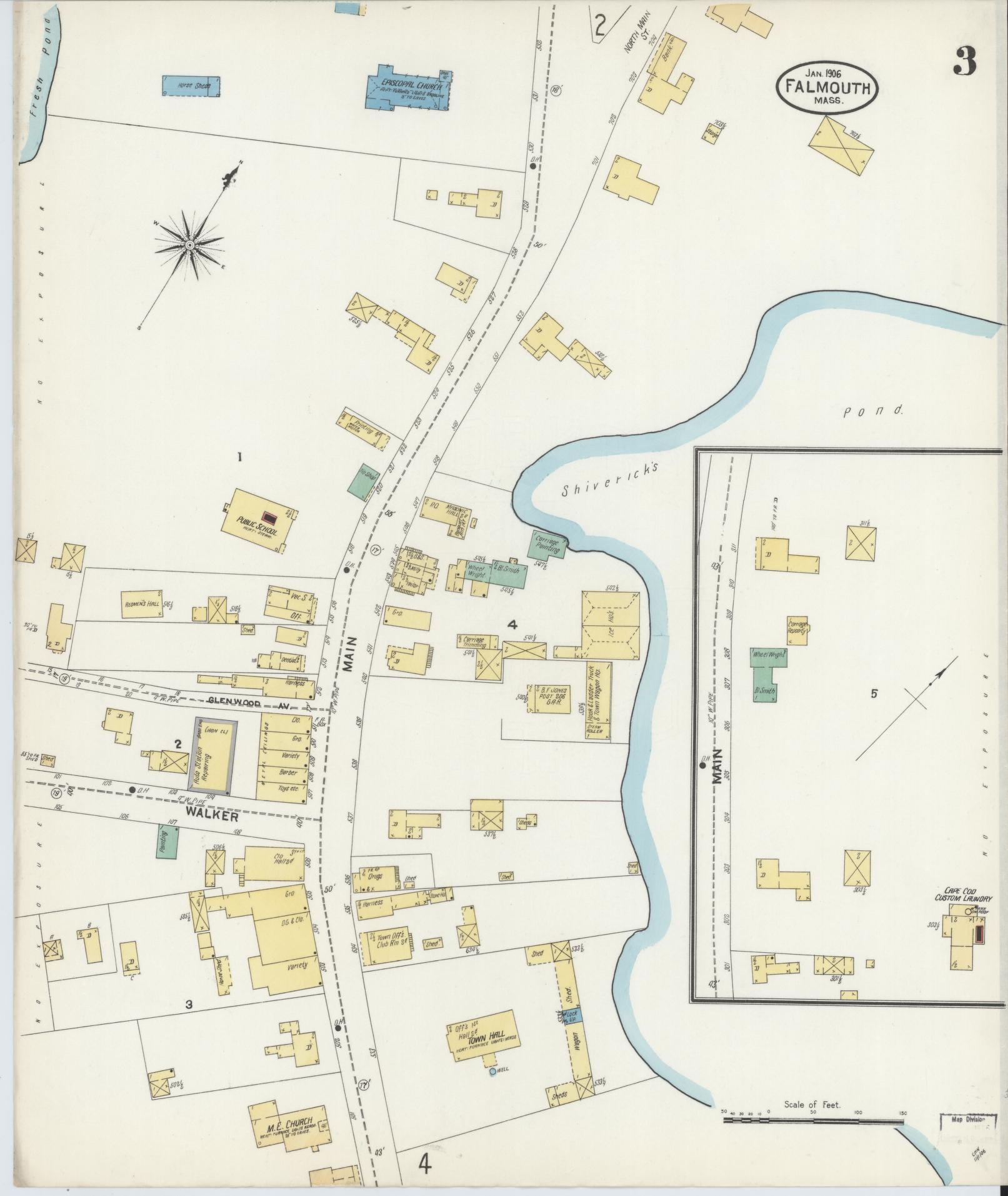 Sanborn Fire Insurance Map from Falmouth, Barnstable County, Massachusetts (1906), Sheet #0003 - Complete Map Set gallery image, historic Sanborn map, vintage wall art, Massachusetts Massachusetts
