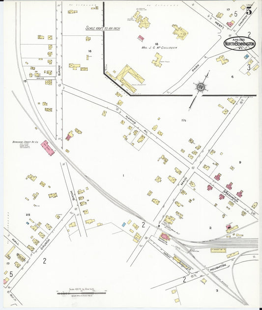 Sanborn Fire Insurance Map from North Bennington, Bennington County, Vermont (1921), Sheet #0005 - Historic Sanborn Fire Insurance Map Print, vintage old map wall art, antique decor, genealogy gift, Vermont Vermont map