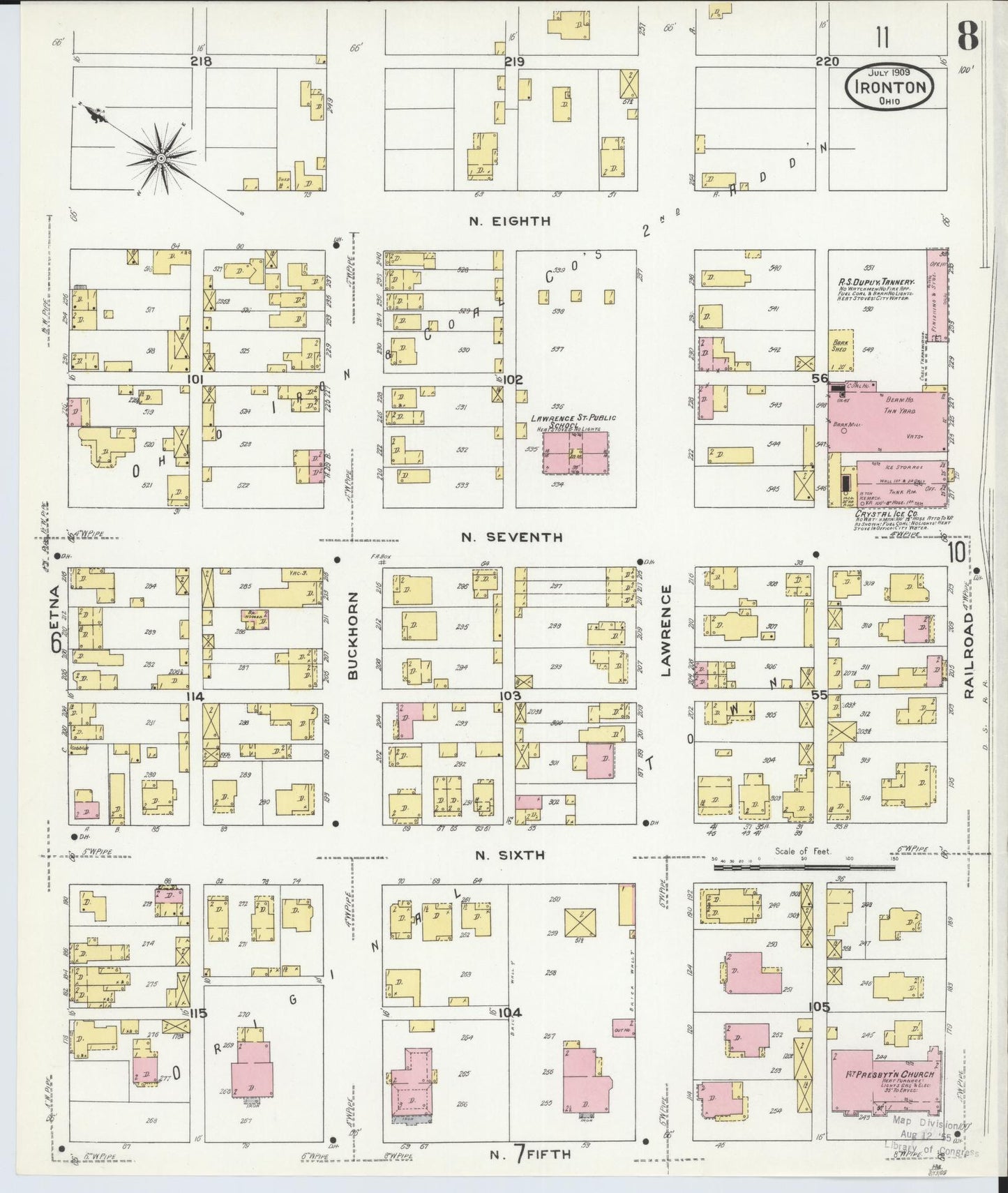 Sanborn Fire Insurance Map from Ironton, Lawrence County, Ohio (1909), Sheet #0008 - Historic Sanborn Fire Insurance Map Print, vintage old map wall art, antique decor, genealogy gift, Ohio Ohio map