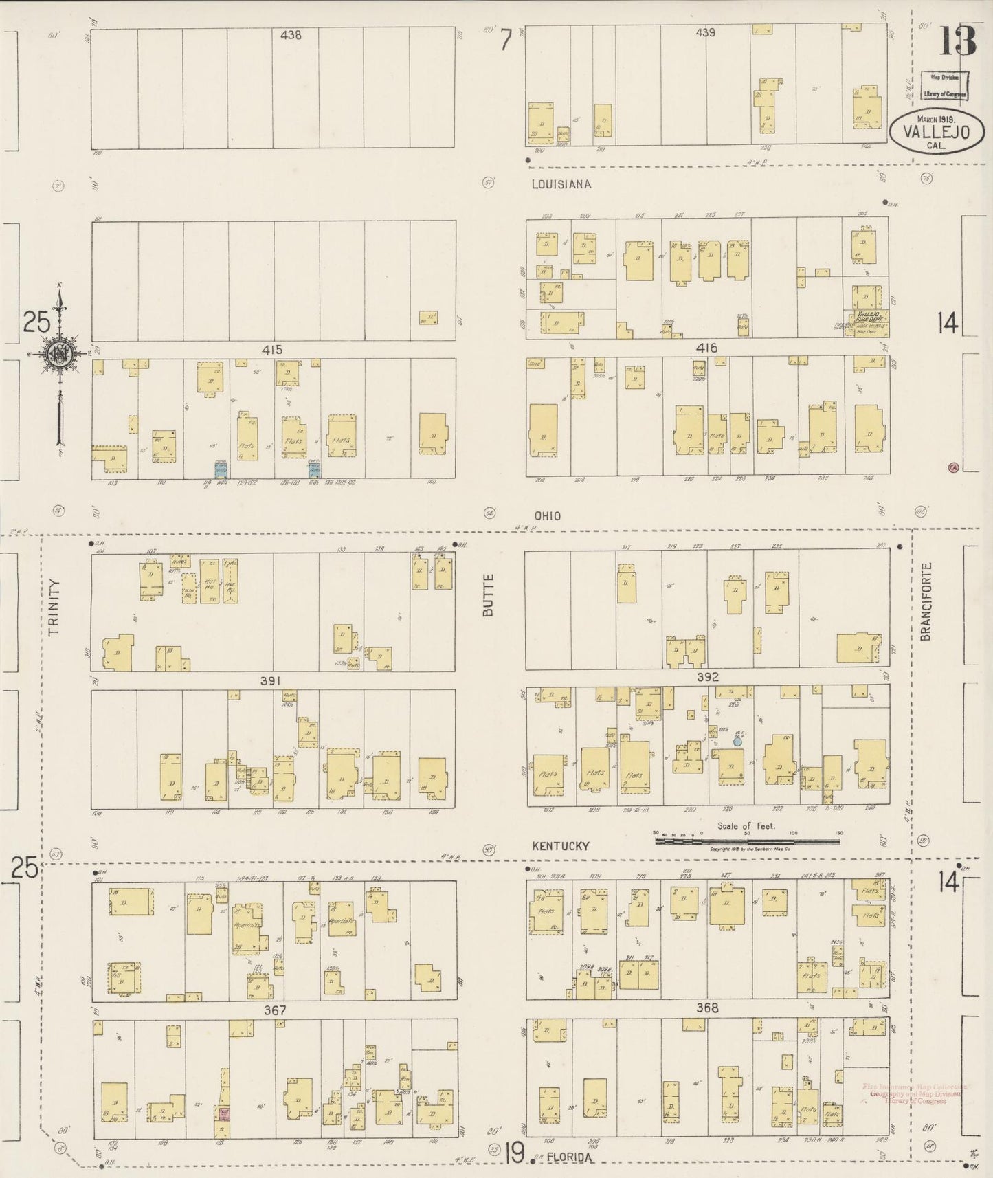Sanborn Fire Insurance Map from Vallejo, Solano County, California (1919), Sheet #0013 - Complete Map Set gallery image, historic Sanborn map, vintage wall art, California California