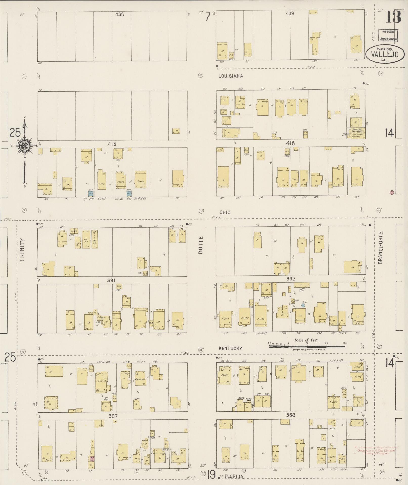 Sanborn Fire Insurance Map from Vallejo, Solano County, California (1919), Sheet #0013 - Complete Map Set gallery image, historic Sanborn map, vintage wall art, California California