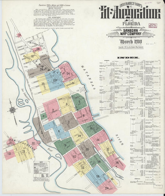 Sanborn Fire Insurance Map from Saint Augustine, Saint John's County, Florida (1910), Sheet #0001 - Historic Sanborn Fire Insurance Map Print, vintage old map wall art, antique decor, genealogy gift, Florida Florida map