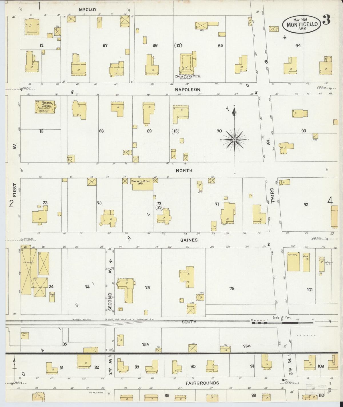 Sanborn Fire Insurance Map from Monticello, Drew County, Arkansas (1908), Sheet #0003 - Complete Map Set gallery image, historic Sanborn map, vintage wall art, Arkansas Arkansas