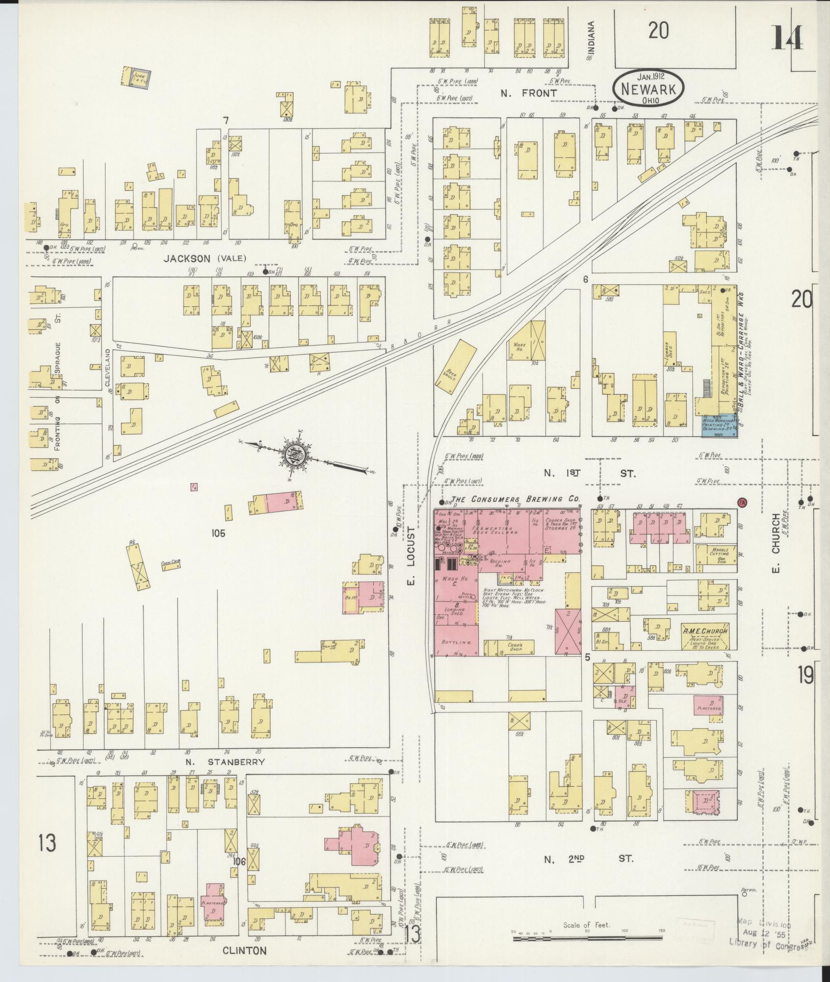 Sanborn Fire Insurance Map from Newark, Licking County, Ohio (1912), Sheet #0014 - Historic Sanborn Fire Insurance Map Print, vintage old map wall art, antique decor, genealogy gift, Ohio Ohio map