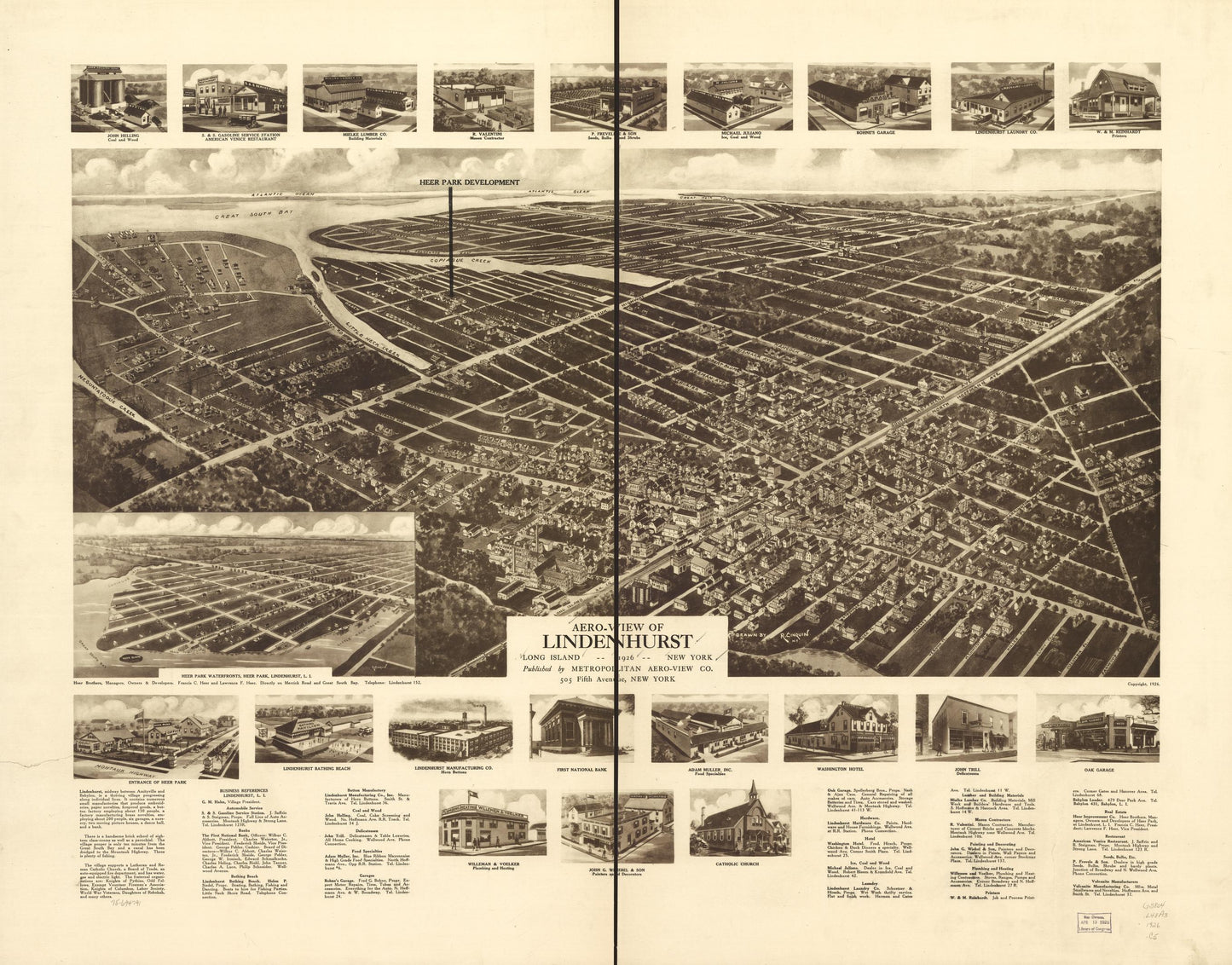 Aero-view of Lindenhurst, Long Island, 1926, New York. (1926) – Historic Bird’s-Eye View Panorama Print