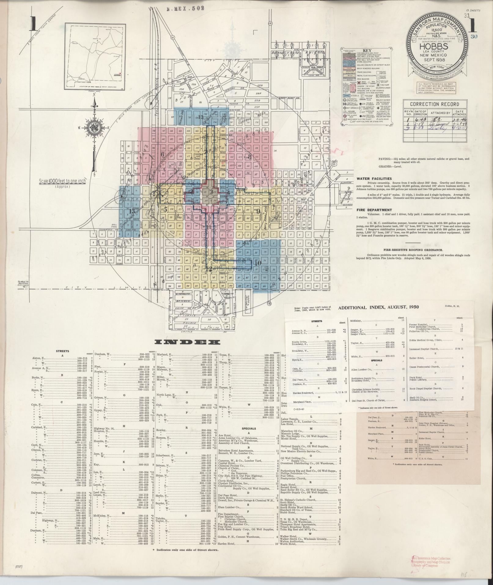 Sanborn Fire Insurance Map from Hobbs, Lea County, New Mexico (1950), Sheet #0001 - Historic Sanborn Fire Insurance Map Print, vintage old map wall art, antique decor, genealogy gift, New Mexico New Mexico map