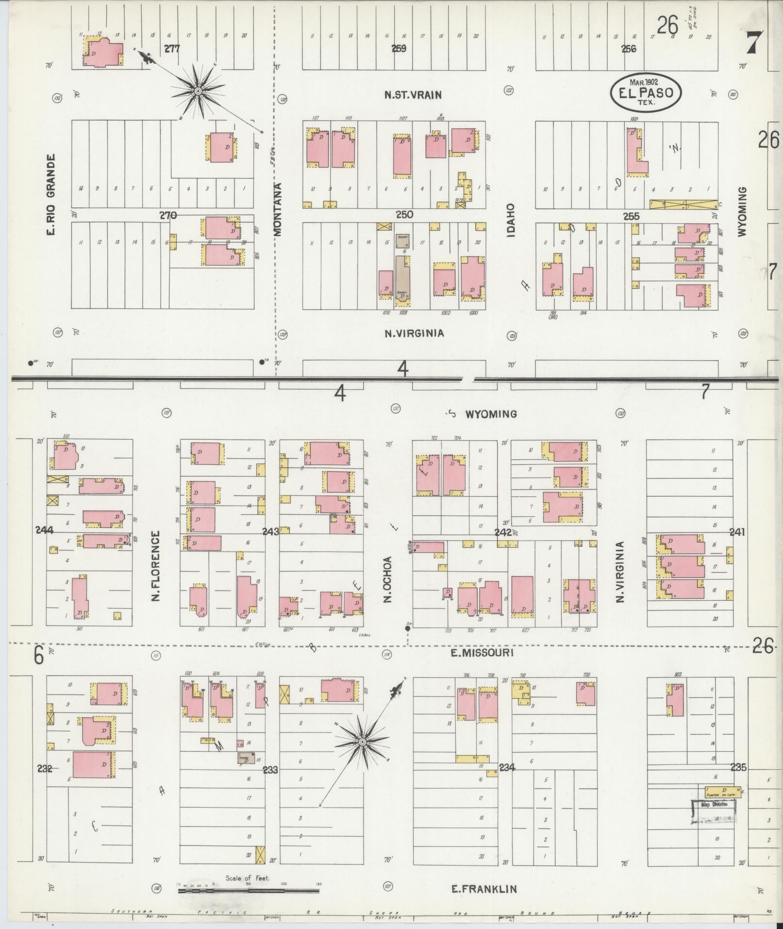 Sanborn Fire Insurance Map from El Paso, El Paso County, Texas (1902), Sheet #0007 - Complete Map Set gallery image, historic Sanborn map, vintage wall art, Texas Texas