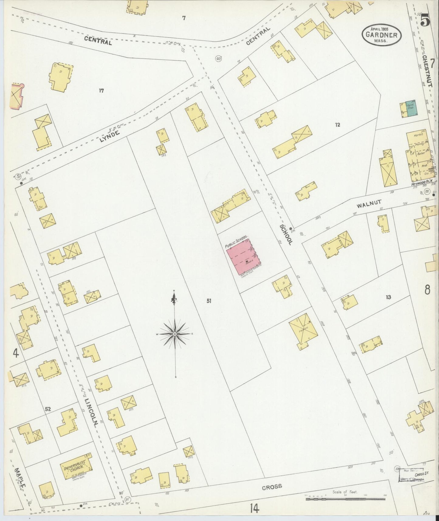 Sanborn Fire Insurance Map from Gardner, Worcester County, Massachusetts (1905), Sheet #0005 - Historic Sanborn Fire Insurance Map Print, vintage old map wall art, antique decor, genealogy gift, Massachusetts Massachusetts map