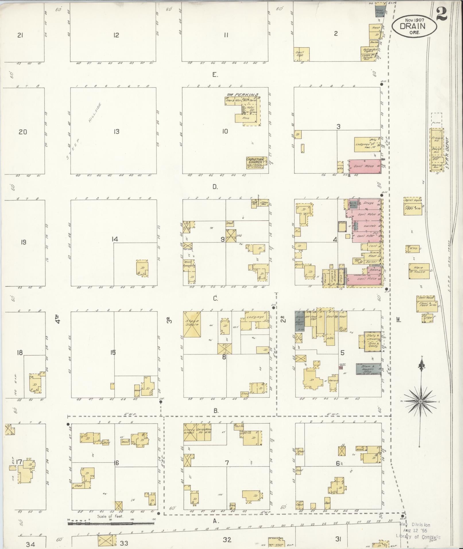 Sanborn Fire Insurance Map from Drain, Douglas County, Oregon (1907), Sheet #0002 - Complete Map Set gallery image, historic Sanborn map, vintage wall art, Oregon Oregon