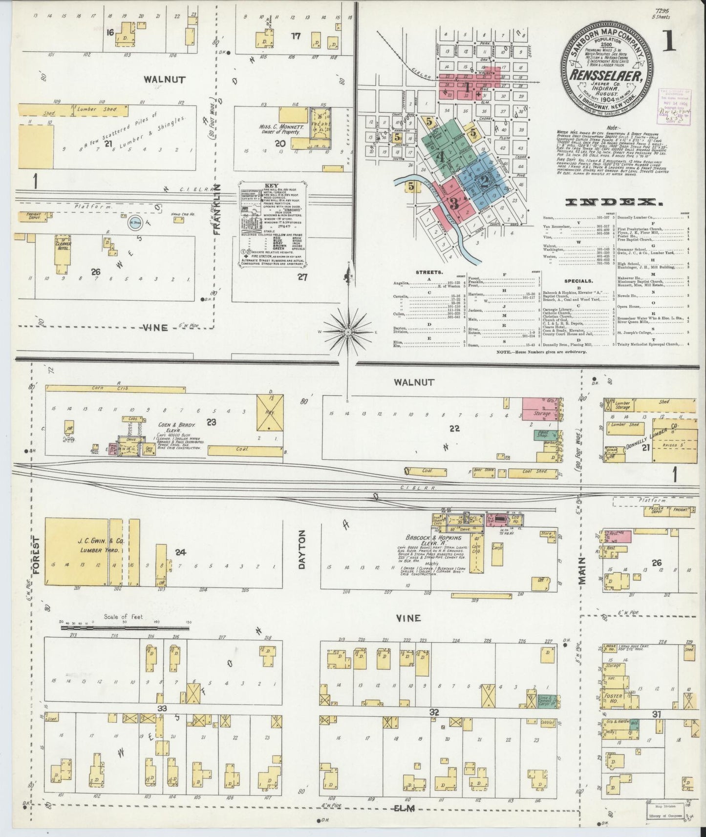 Sanborn Fire Insurance Map from Rensselaer, Jasper County, Indiana (1904), Sheet #0001 - Historic Sanborn Fire Insurance Map Print, vintage old map wall art, antique decor, genealogy gift, Indiana Indiana map