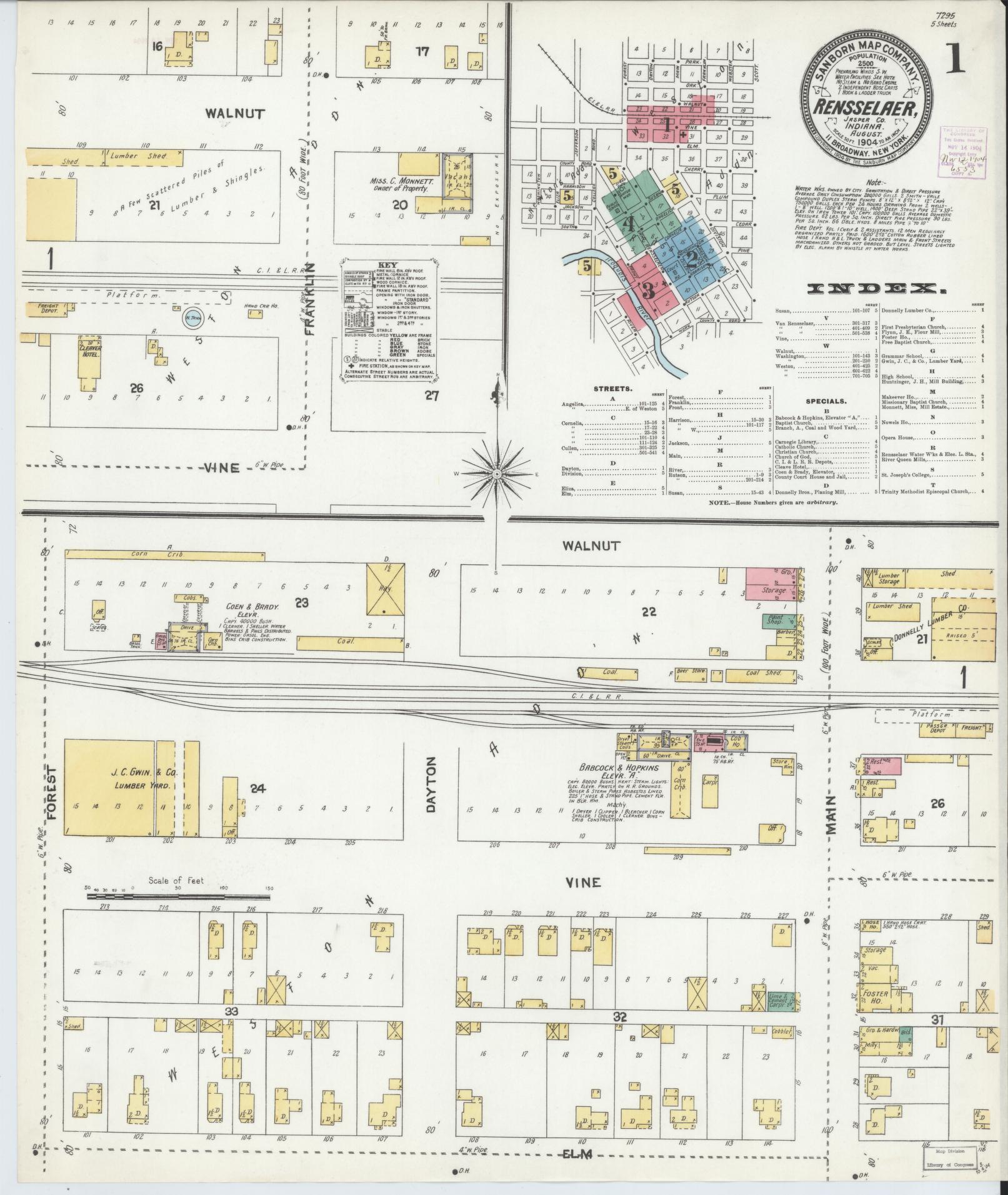 Sanborn Fire Insurance Map from Rensselaer, Jasper County, Indiana (1904), Sheet #0001 - Historic Sanborn Fire Insurance Map Print, vintage old map wall art, antique decor, genealogy gift, Indiana Indiana map