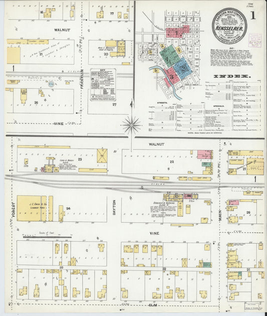 Sanborn Fire Insurance Map from Rensselaer, Jasper County, Indiana (1904), Sheet #0001 - Historic Sanborn Fire Insurance Map Print, vintage old map wall art, antique decor, genealogy gift, Indiana Indiana map