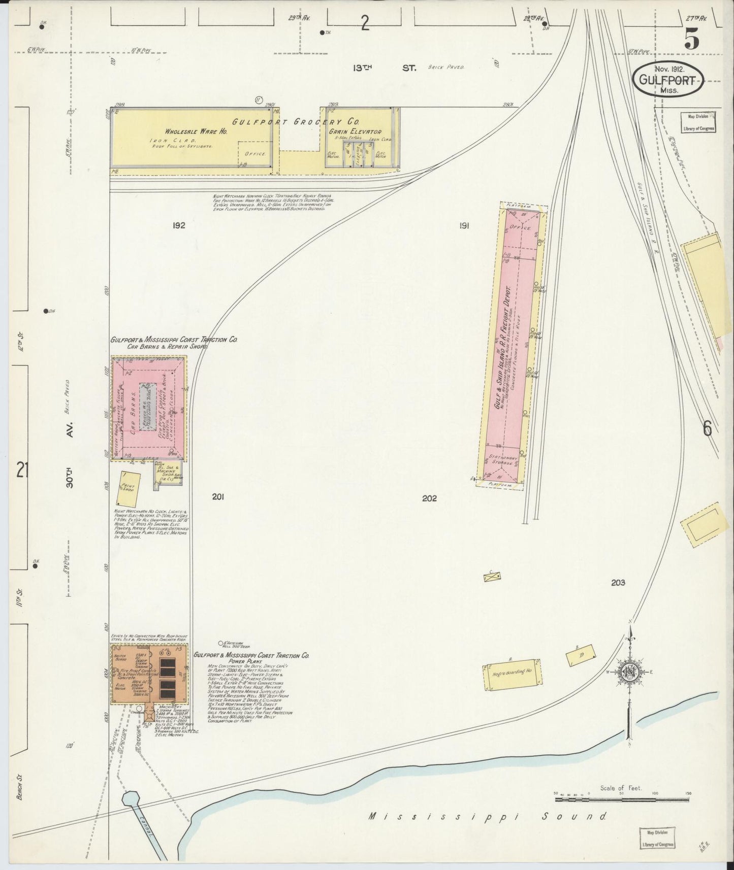 Sanborn Fire Insurance Map from Gulfport, Harrison County, Mississippi (1912), Sheet #0005 - Complete Map Set gallery image, historic Sanborn map, vintage wall art, Mississippi Mississippi