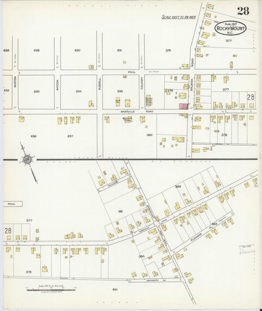 Sanborn Fire Insurance Map from Rocky Mount, Edgecombe And Nash Counties, North Carolina (1917), Sheet #0028 - Historic Sanborn Fire Insurance Map Print, vintage old map wall art, antique decor, genealogy gift, North Carolina North Carolina map