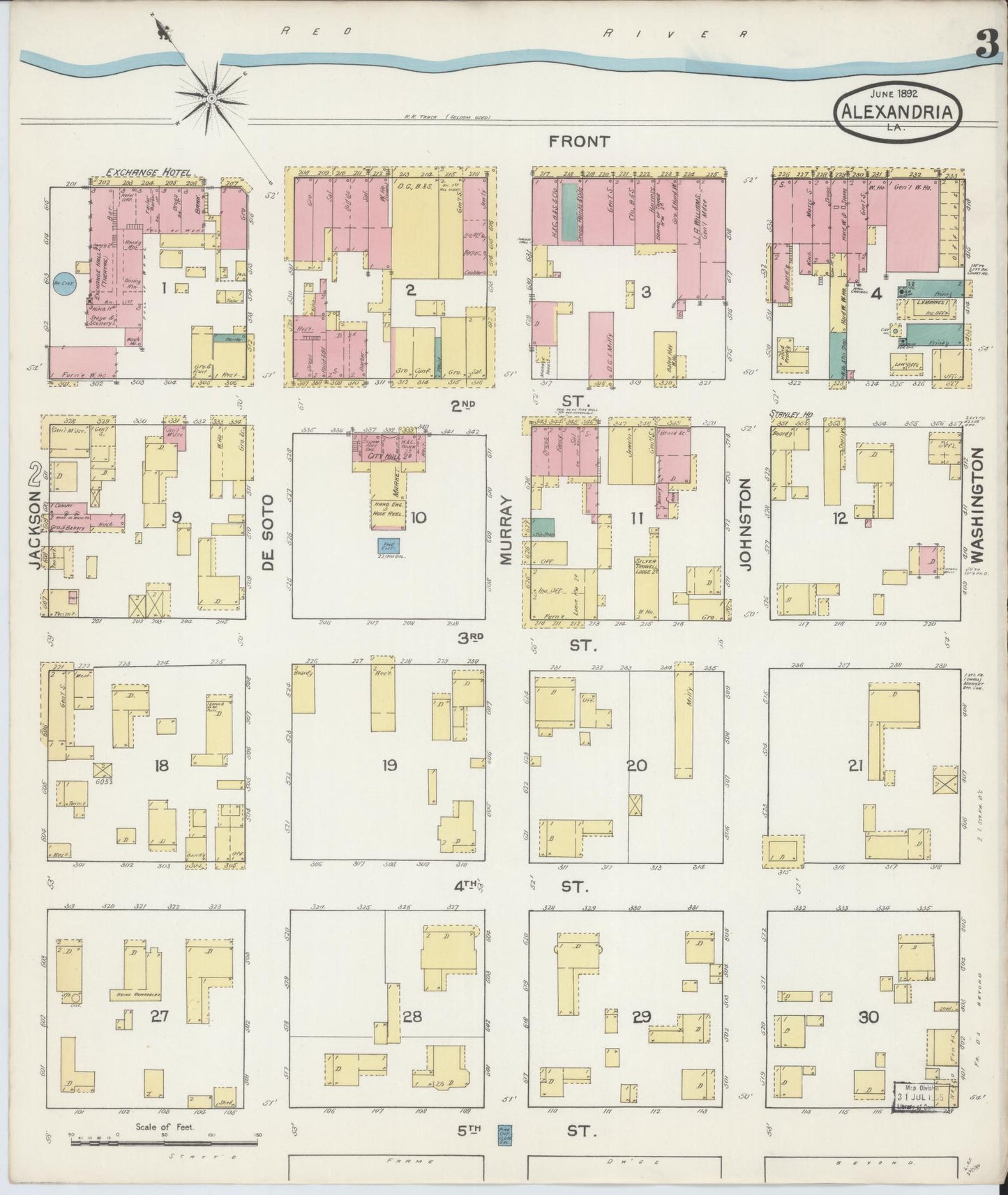 Sanborn Fire Insurance Map from Alexandria, Rapides Parish, Louisiana (1892), Sheet #0003 - Historic Sanborn Fire Insurance Map Print, vintage old map wall art, antique decor, genealogy gift, Louisiana Louisiana map