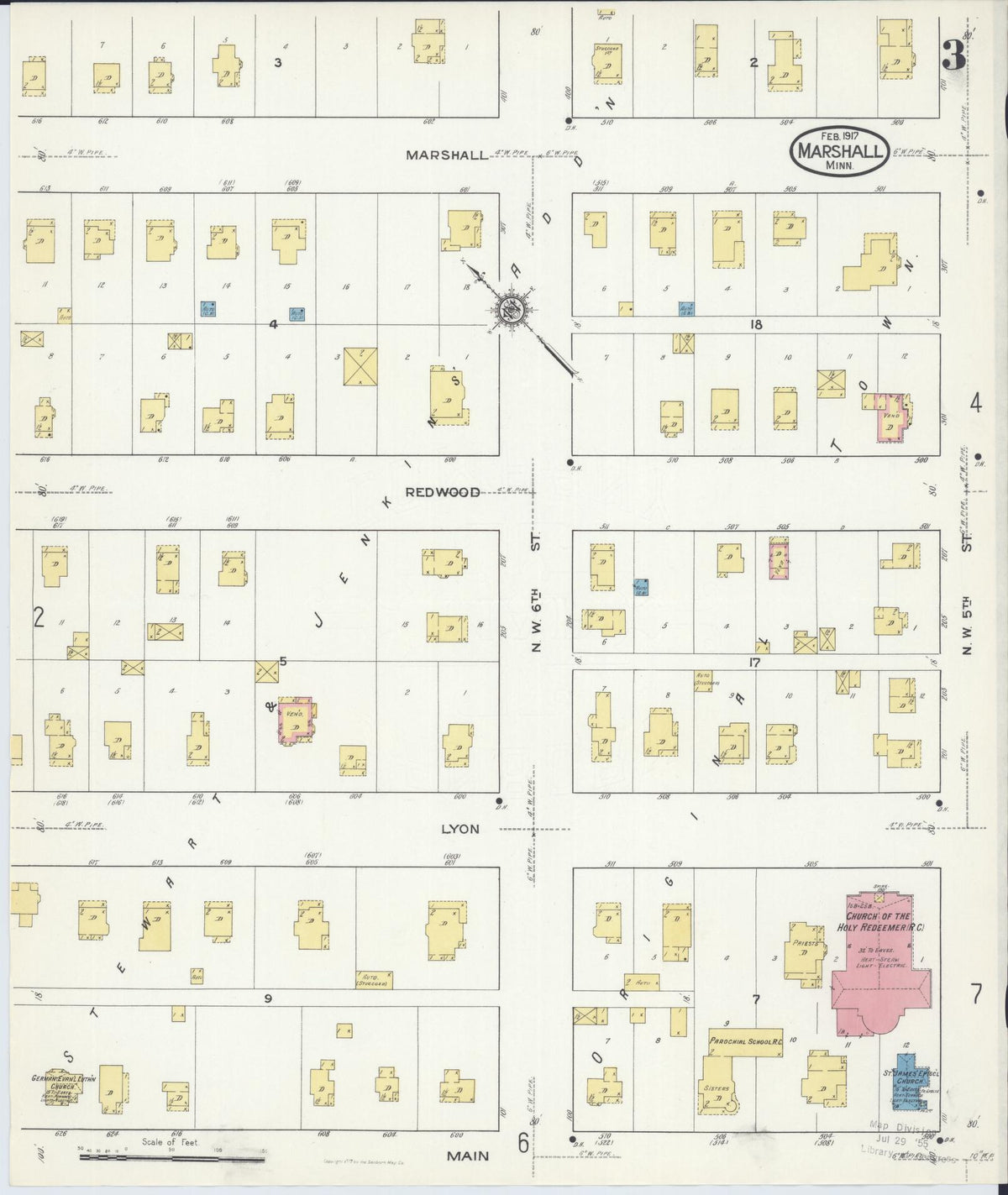 Sanborn Fire Insurance Map from Marshall, Lyon County, Minnesota (1917), Sheet #0003 - Historic Sanborn Fire Insurance Map Print, vintage old map wall art, antique decor, genealogy gift, Minnesota Minnesota map