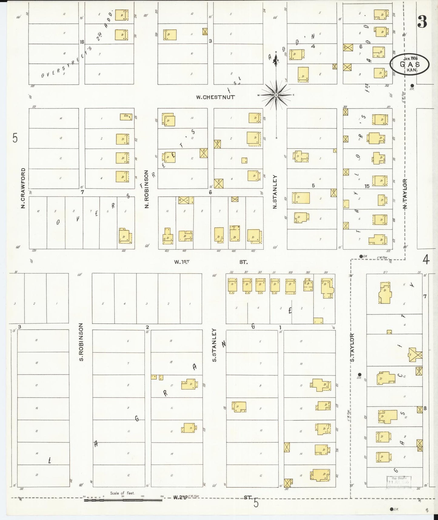 Sanborn Fire Insurance Map from Gas, Allen County, Kansas (1906), Sheet #0003 - Complete Map Set gallery image, historic Sanborn map, vintage wall art, Kansas Kansas