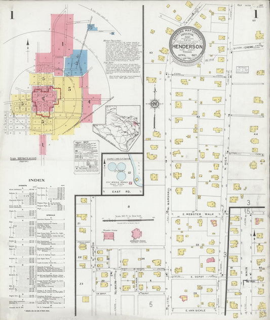 Sanborn Fire Insurance Map from Henderson, Rusk County, Texas (1927), Sheet #0001 - Historic Sanborn Fire Insurance Map Print, vintage old map wall art, antique decor, genealogy gift, Texas Texas map