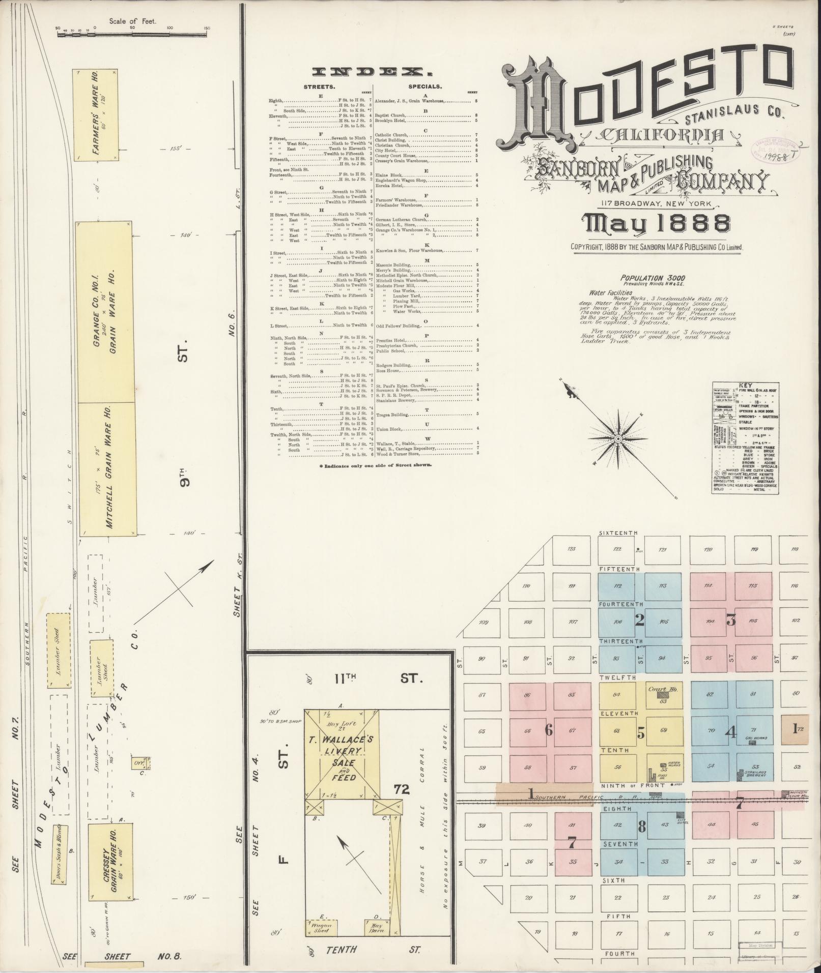 Sanborn Fire Insurance Map from Modesto, Stanislaus County, California (1888), Sheet #0001 - Historic Sanborn Fire Insurance Map Print, vintage old map wall art, antique decor, genealogy gift, California California map