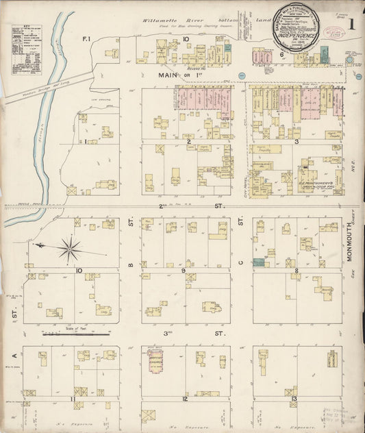 Sanborn Fire Insurance Map from Independence, Polk County, Oregon (1888), Sheet #0001 - Complete Map Set gallery image, historic Sanborn map, vintage wall art, Oregon Oregon