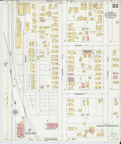 Sanborn Fire Insurance Map from Lansing, Ingham County, Michigan (1906), Sheet #0022 - Historic Sanborn Fire Insurance Map Print, vintage old map wall art, antique decor, genealogy gift, Michigan Michigan map